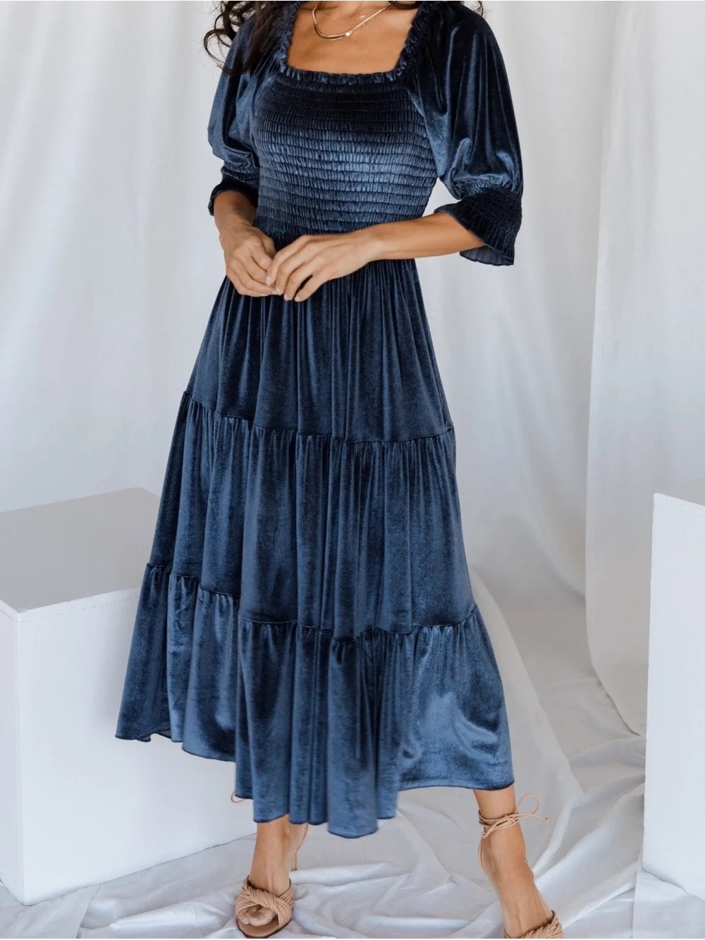 BALTIC BORN Vivaldi Smocked Velvet Midi Dress Blue